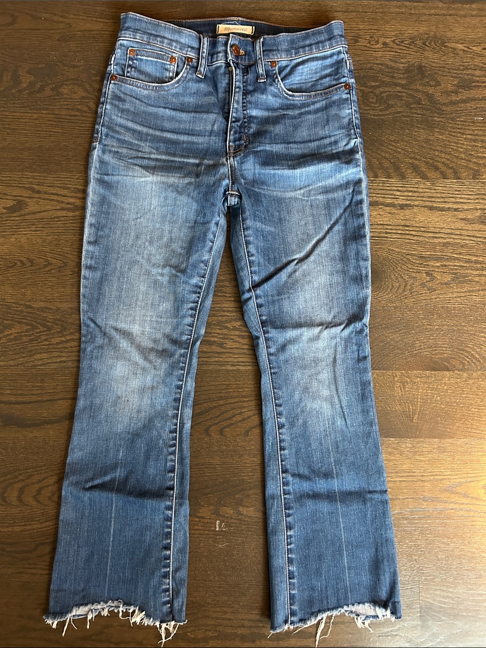 Madewell Medium Blue Cropped Flare Jeans with Frayed Hem